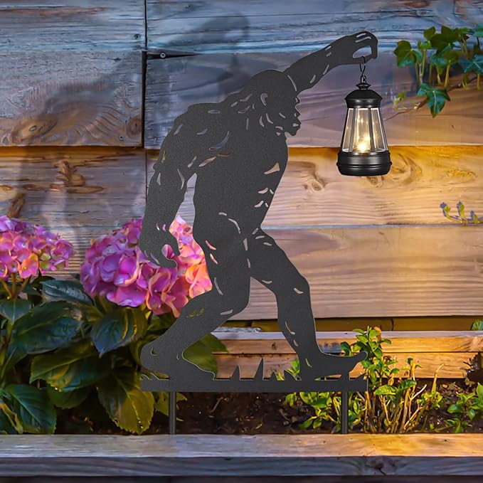 2Pack Solar Outdoor Garden Lights Stakes Solar Metal Bigfoot Lawn Deco Statue Black Bigfoot Patio Garden Decorative Stakes with Lantern Christmas Birthday Gifts for Women Mom and Grandma