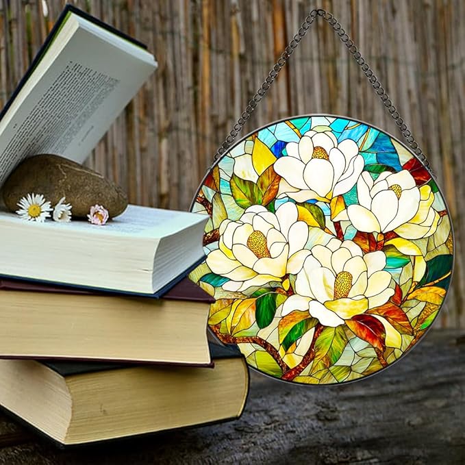 Magnolia Flower Stained Glass Suncatcher - Elegant Handmade Window Decor with Vibrant Colors, Garden Ornament & Gift Idea for Nature Lovers (White, 9.8 * 9.8IN)