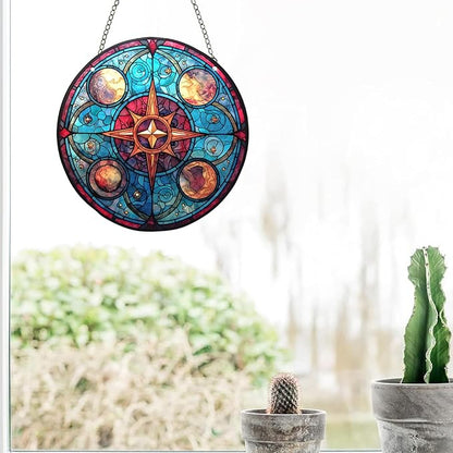Acrylic Window Hanging,Compass Star Stained Window Hanging Decor Colorful Ornament,Stained Two-Sided Panel Hangings Decoration,Suncatcher for Garden Kitchen Living Room