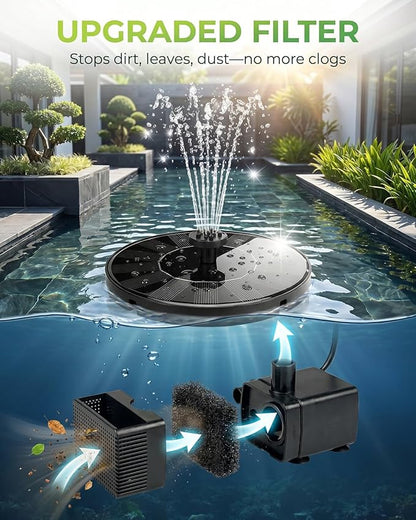 Solar Fountain for Bird Bath, Upgrade 1.4W Solar Water Fountain Pump with 7 Nozzles & 4 Fixed Pipes, Outdoor Standing Floating Solar Fountain for Garden, Ponds, Pool, Fish Tank - 6.3 Inch