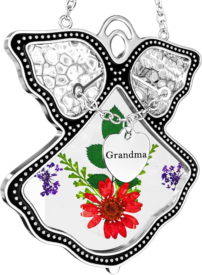 KY&BOSAM Grandma Angel Suncatcher Stained Glass Suncatchers for Windows Hanging Wind Chime with Pressed Dried Flower and Metal Trim Charm Birthdays Gifts for Grandma Mothers Day Valentines Christmas