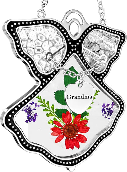 KY&BOSAM Grandma Angel Suncatcher Stained Glass Suncatchers for Windows Hanging Wind Chime with Pressed Dried Flower and Metal Trim Charm Birthdays Gifts for Grandma Mothers Day Valentines Christmas