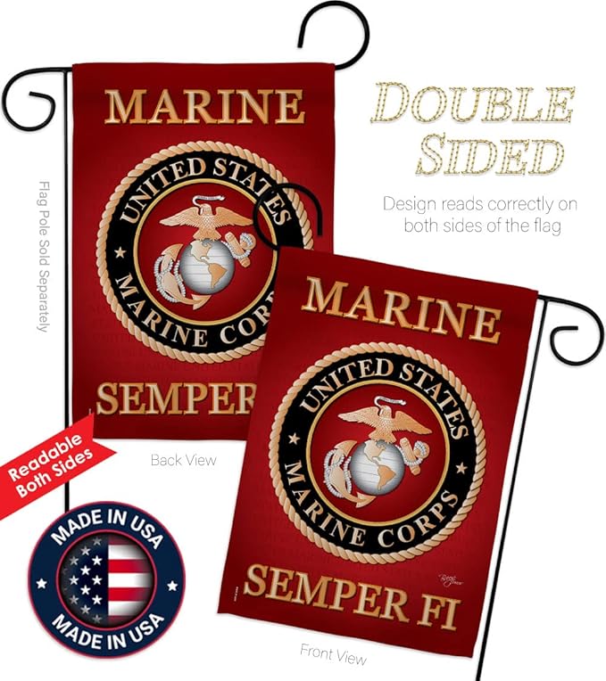 Marine Corps Garden Flag - Set Wall Holder Armed Forces USMC Semper Fi United State American Military Veteran Retire Official - House Banner Small Yard Gift Double-Sided Made in USA 13 X 18.5