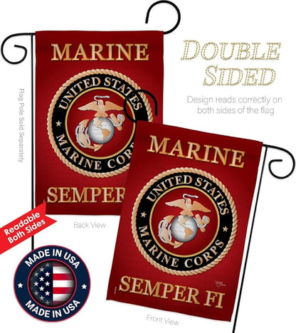 Marine Corps Garden Flag - Set Wall Hanger Armed Forces USMC Semper Fi United State American Military Veteran Retire Official - House Banner Small Yard Gift Double-Sided Made in USA 13 X 18.5