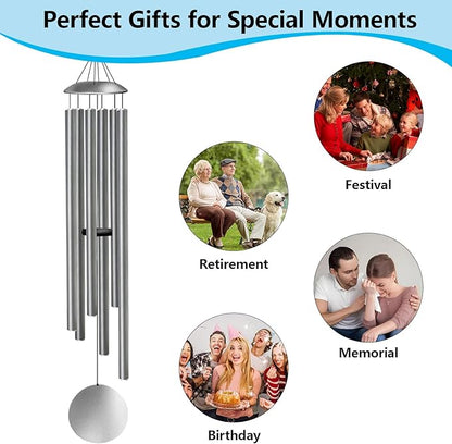 66" Wind Chimes for Outside Deep Tone - 6 Thicken Tubes Large Wind Chimes for Outdoor, Gifts for Valentines Day, Women, Mom, Grandma, Sympathy, Big Windchimes for Garden and Patio (Antique Silver)