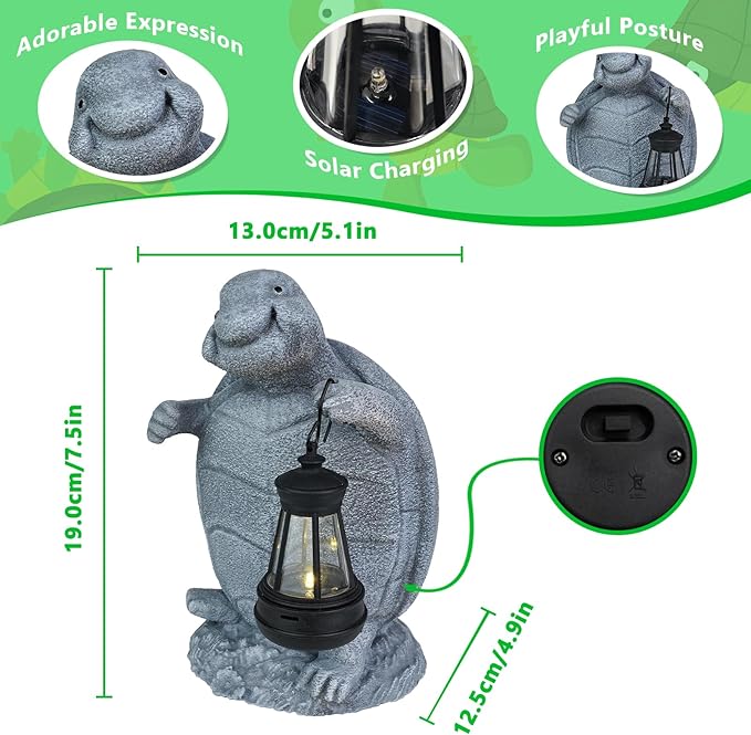 Solar Turtle Garden Statue with Lantern - Cute Outdoor Resin Figurine Light for Patio Lawn Porch Decor - Waterproof Solar Powered Animal Ornament - Unique Housewarming Birthday Gifts for Mom Grandma