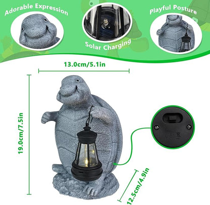 Solar Turtle Garden Statue with Lantern - Cute Outdoor Resin Figurine Light for Patio Lawn Porch Decor - Waterproof Solar Powered Animal Ornament - Unique Housewarming Birthday Gifts for Mom Grandma