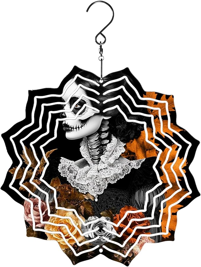 8 Inch Sublimation Wind Spinner, 3D Aluminum Metal Wind Spinner with Hook, Indoor Yard Garden Hanging Decoration, Weather Resistant Rotating Spiral Ornament, Lady with Sugar Skull Makeup