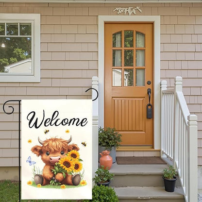 Welcome Highland Cow Garden Flag Spring Summer Sunflower Yard Flags Cute Farmhouse House Banner for Outdoor Front Yard Lawn Porch Patio Country Rustic Home Decoration 12x18 Inch