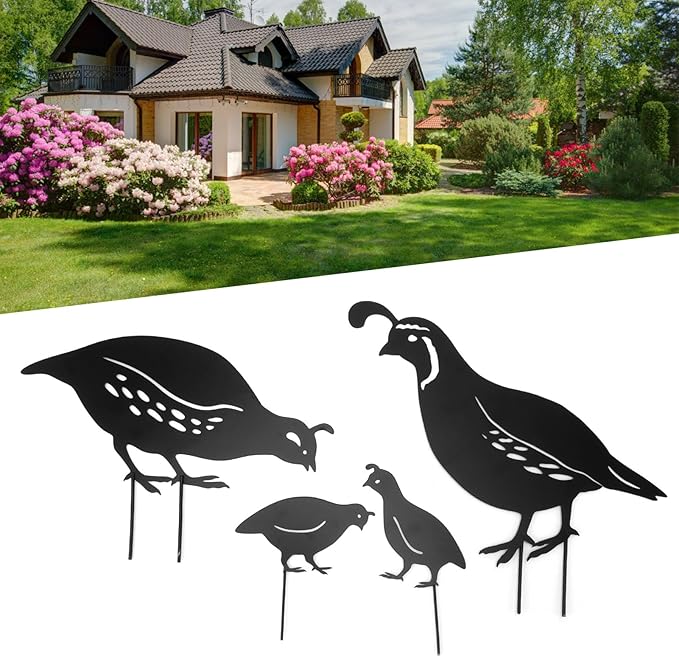 Outdoor Quail Family Yard Decorative Iron Art Metal Quail Stake Statue for Garden Yard, Set of 4