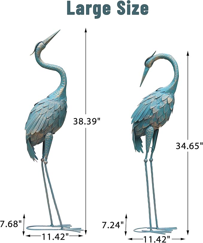 35-40 Inch Standing Garden Crane Statues for Outdoor, Metal Birds Yard Art Garden Crane Sculpture for Home Backyard Pond Patio Lawn Spring Decoration, Easter Decorations for Home, Set of 2