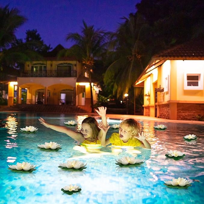 LACGO 12 PCS Diwali Waterproof Floating Lotus Light - Floating Flower Light Battery Operated Water Activated Warm White Pool Flower Lamp Wedding,Anniversary,Garden Decoration(6Inch & 5Inch)