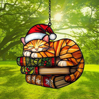 Cute Sleeping Cat Santa Claus Hat Acrylic Suncatcher Stained Glass Effect Window Car Hanging Christmas Ornament Indoor Outdoor Decor Garden Sun Catcher Panel Gifts for Cat Lover for Women Mom Grandma