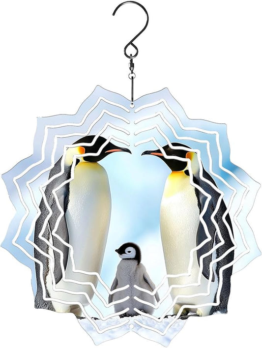 8 Inch Sublimation Wind Spinner, 3D Aluminum Metal Wind Spinner with Hook, Indoor Yard Garden Hanging Decoration, Weather Resistant Rotating Spiral Ornament, Penguin Family