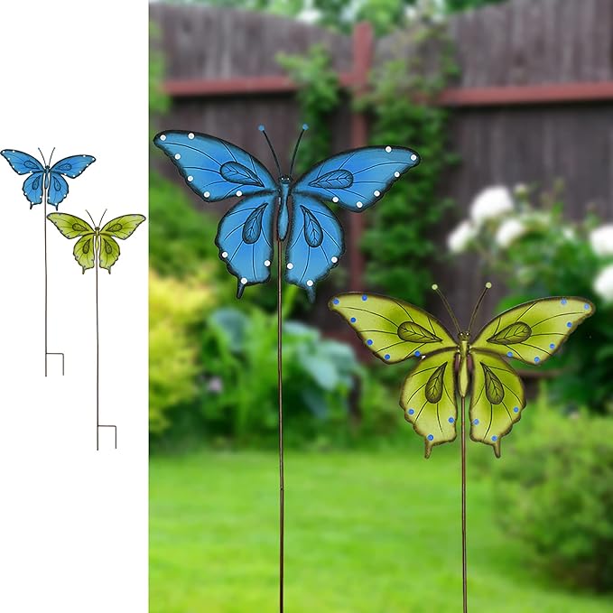 Metal Garden Stakes Spring Yard Sign Decorative Plant Stake Lawn Art Patio Decor Pathway Ornaments Indoor Outdoor Decoration (Blue+Green Butterfly)