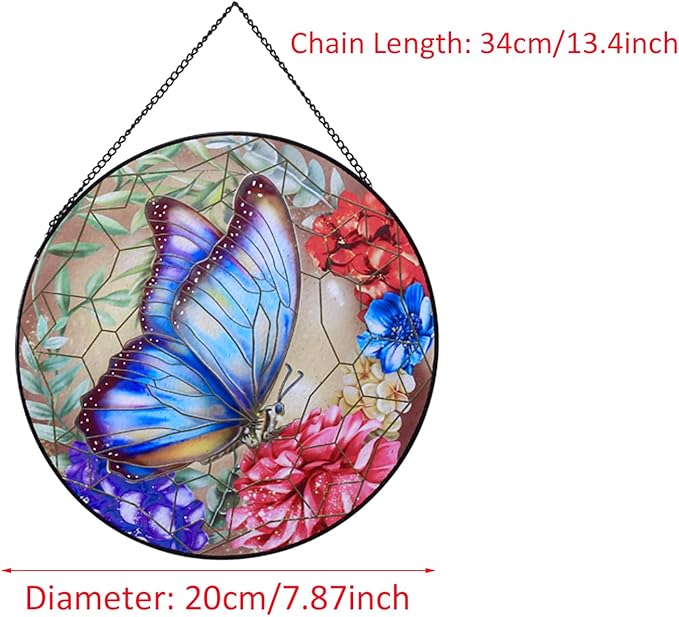 Butterfly Stained Glass Window Hanging,20cm/7.87inch Hand-Painted Sun Catcher Garden Hangings for Doors Home Christmas Mother's Day, Valentine's Day Ornaments Festival Gift (B Style)