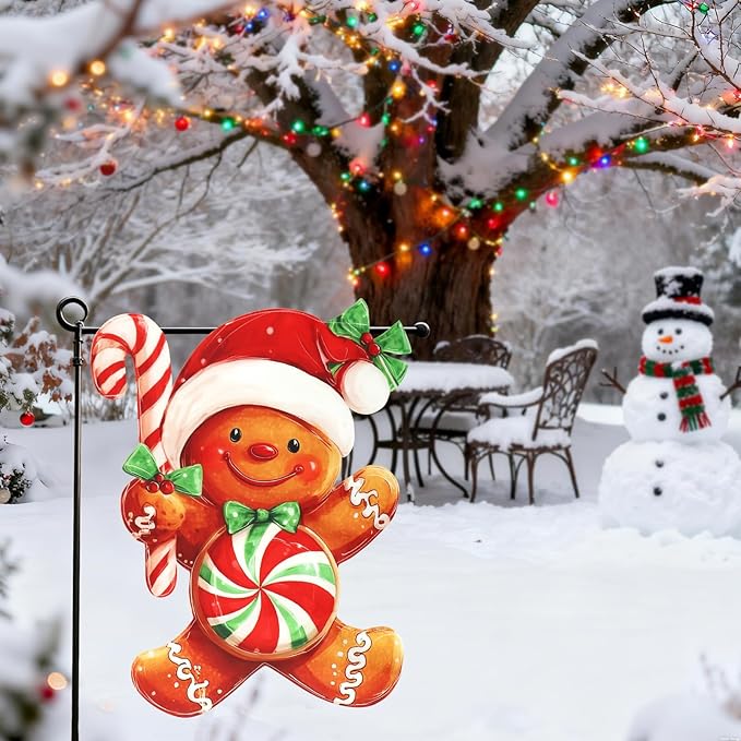 Christmas Garden Flags 12x18 Inch Double Sided, Xmas Gingerbread Man Yard Flag for Outside, Winter Seasonal Outdoor Decoration Farmhouse Front Porch Holiday Decor