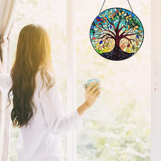 Tree of Life Sun Catcher Stained Glass Window Hanging for Women Home Decor Tree of Life Handmade Sun Catcher Decoration for Garden Home Housewarming Gifts, 7.87inch