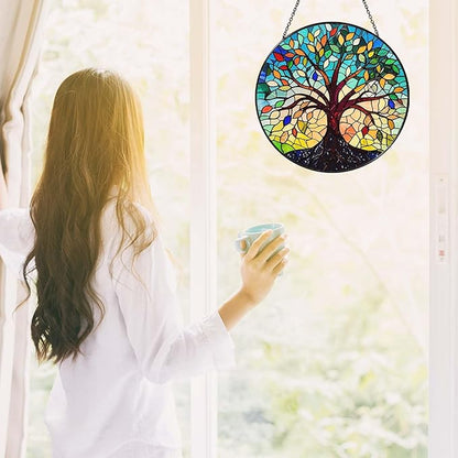 Tree of Life Sun Catcher Stained Glass Window Hanging for Women Home Decor Tree of Life Handmade Sun Catcher Decoration for Garden Home Housewarming Gifts, 7.87inch