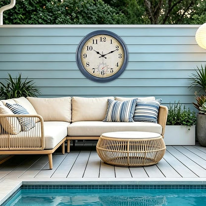 Large Outdoor Clocks Waterproof with Thermometer Combo Rustic Coastal Wall Clock Decor for Bathroom Patio Pool (16 Inch,Blue)
