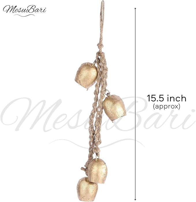 Decorative Cow Bell,15.5" Hanging Bells Chime, Rustic Antique Brass Finish Metal Bells with Jute Rope, Tibetan Inspired Farmhouse Vintage Cascading Bells for Indoor, Outdoor Patio, Garden & Wall Decor