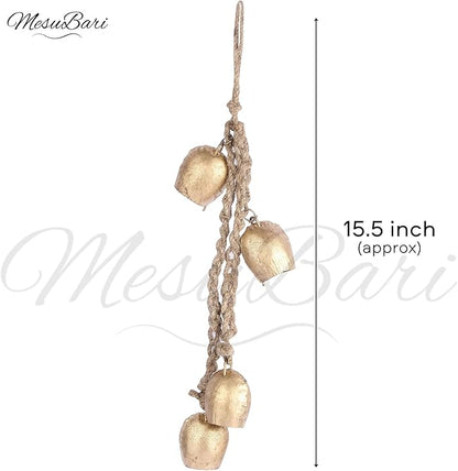 Decorative Cow Bell,15.5" Hanging Bells Chime, Rustic Antique Brass Finish Metal Bells with Jute Rope, Tibetan Inspired Farmhouse Vintage Cascading Bells for Indoor, Outdoor Patio, Garden & Wall Decor