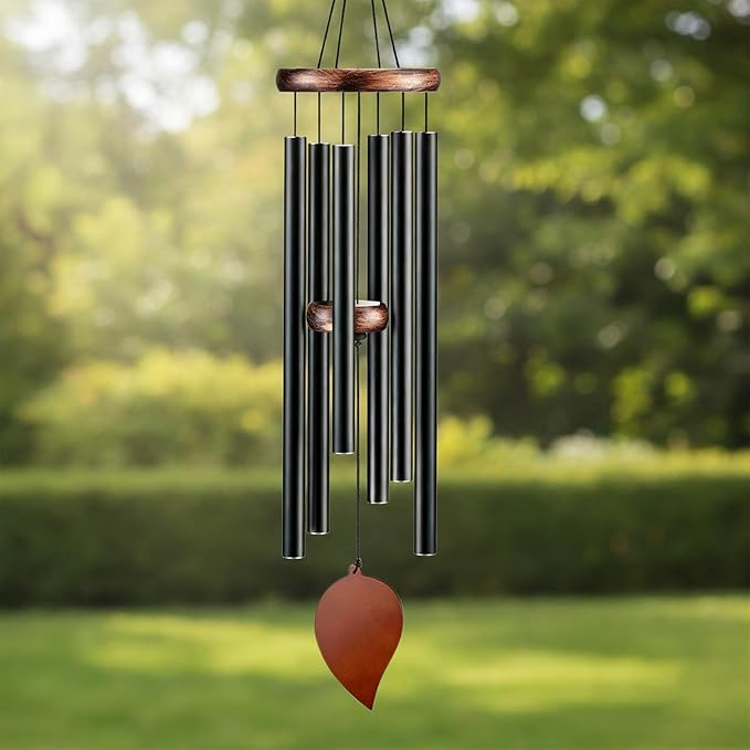 Large Aluminum Wind Chime -32 inch Black Metal 6-Tube Wind Chime Decoration with Commemorative Leaf Pendant, Suitable as a Consolation Wind Chime for Gardens, terraces, Home Decor, and Gifts