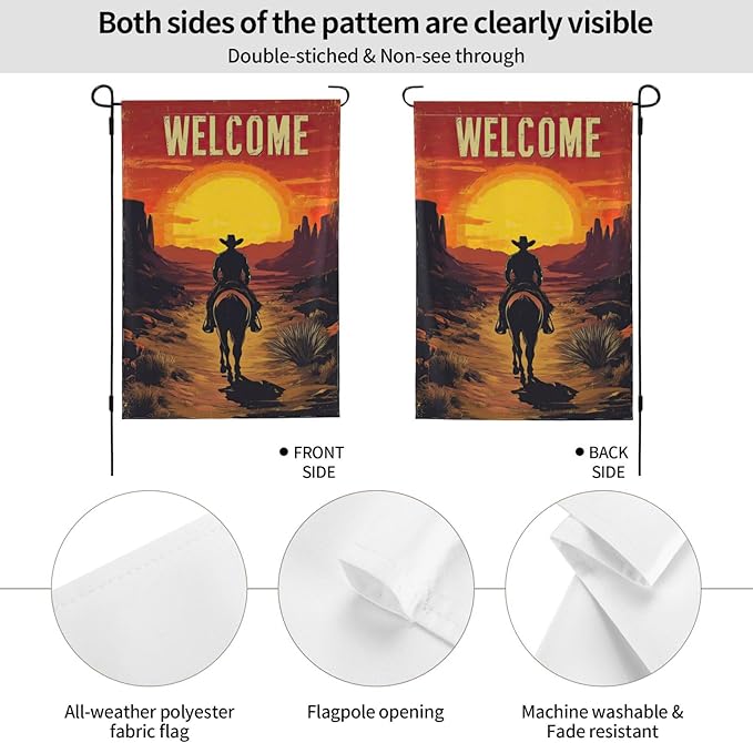 Western Cowboy Welcome Garden Flags 12×18 Inch Double Sided Decorative Yard Banner Seasonal Flag for Outdoor Outside Decor