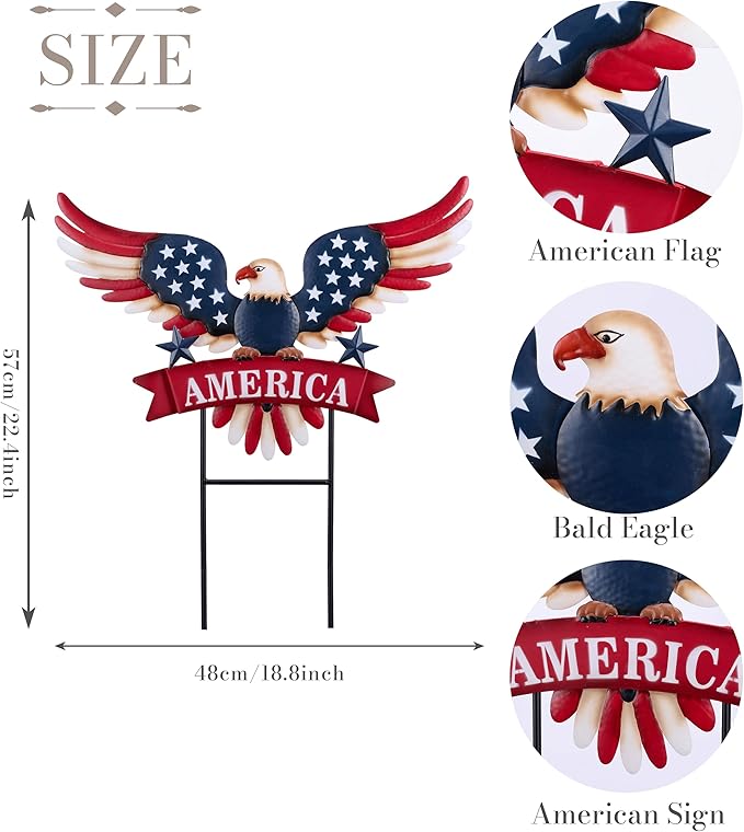 TERESA'S COLLECTIONS 4th of July Decorations for Outdoor, Patriotic Memorial Day Garden Decor, Eagle Metal Yard Art Sign for Outside, Americana Garden Stake for Lawn, Independence Day Gifts, 22.4''
