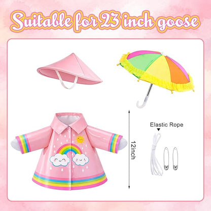 DECOHS 3 Pcs/Set Raincoat Porch Goose Outfits, Summer Lawn Goose Statue Raincoat Costume, Yard Goose Clothes Raincoats Umbrella Hat Outfit for 23" Statue Patio Garden Decoration (Pink Rainbow)