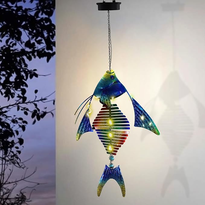 Fish Solar Outdoor Lights Hanging Lanterns Metal Decorative Lights for Backyard Porch Patio Yard Balcony Teepee Lawn Pathway…