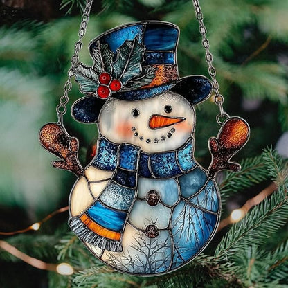 Snowman Cute Mistletoe Winter Scarf Acrylic Suncatcher Stained Glass Effect Window Car Hanging Christmas Ornament Indoor Outdoor Decor Garden Sun Catcher Panel for Women Mom Grandma