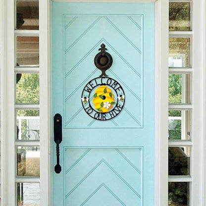 Front Door Wreath - Metal Welcome Sign for Front Door - Outdoor Hanging Bee Hive Hanger - Decorative Door Wreath for Home Entryway - Weather-Resistant Metal Design for Year-Round Use 13''H