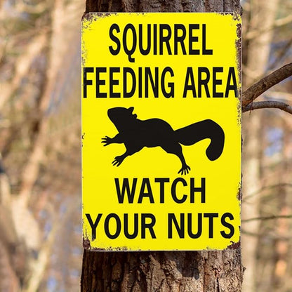Retro Funny Metal Sign Sheet Signs Tin Sign,Squirrel Feeding Area Watch Your Nuts,Outdoor Home Wall Decoration,Size：8x12inch