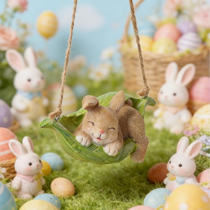 Rabbit Garden Décor Hanging Statue - Bunny Décor Hanging on Tree Branch Rabbit Swing Statue Bunny Easter Tree Décor Outdoor Ornaments Resin Sculpture Yard 4.96 * 2.3 * 2.3 Inch