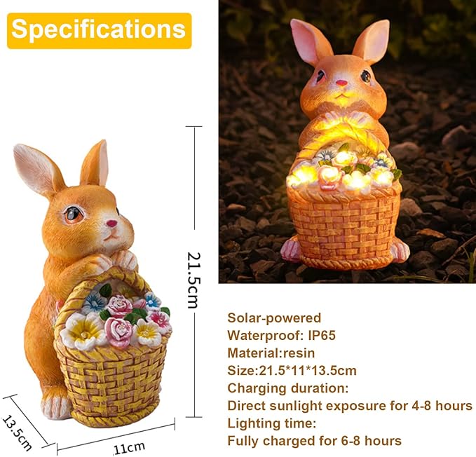 Fairy Garden Statues,Fairy Garden House with Solar Powerd Night Light,Yard Decorations Outdoor Fairy Garden Accessories Decor for Outside (Rabbit Flower Basket)