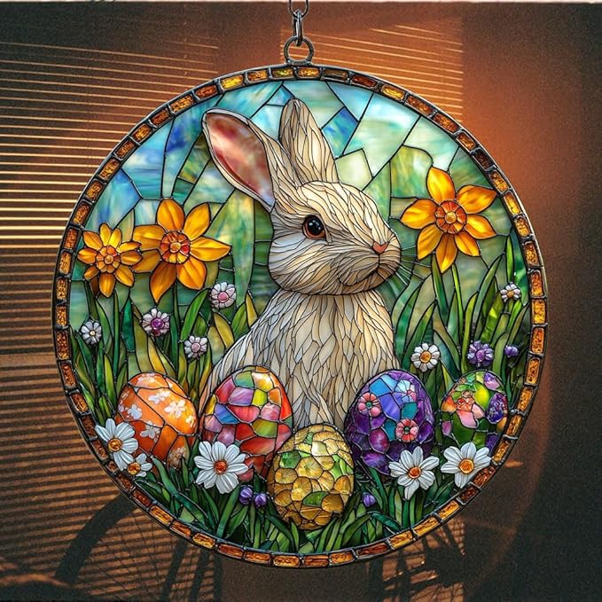 Vivid Mosaic Easter Bunny Art Acrylic Suncatcher Stained Glass Effect Window Car Hanging Christmas Ornament Indoor Outdoor Decor Garden Sun Catcher Panel for Easter Lover for Women Mom Grandma