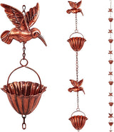 8.8ft Rain Chains for Gutters Outside, Adjustable Hanging Rain Hutter Catcher Chain with 6 Metal Flower Cups & Hummingbird Decor, Downspout Substitute for Garden Drainage and Courtyard