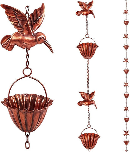 8.8ft Rain Chains for Gutters Outside, Adjustable Hanging Rain Hutter Catcher Chain with 6 Metal Flower Cups & Hummingbird Decor, Downspout Substitute for Garden Drainage and Courtyard