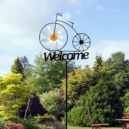 Metal Wind Spinner, 47" Tall Bicycle Wind Sculptures, Daisy Flower Windmill Bike Pinwheel Garden Stake Welcome Sign for Patio Lawn Farm Backyard Decorations