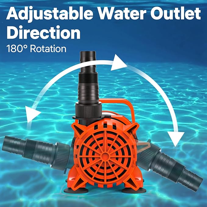 DOKO 4500GPH Submersible Water Pump, 180° Ajustable Pond Pump with 20FT Power Cord 220W Ultra Quiet Aquarium Pump for Pond, Fountain, Waterfall, Fish Tank, Hydroponic, Statuary, Orange Black