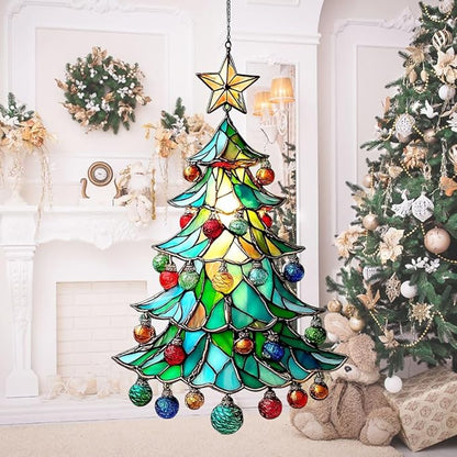 Mosaic Style Christmas Ornaments Tree Acrylic Suncatcher Stained Glass Effect Window Car Hanging Christmas Ornament Indoor Outdoor Decor Garden Sun Catcher Panel for Women Mom Grandma