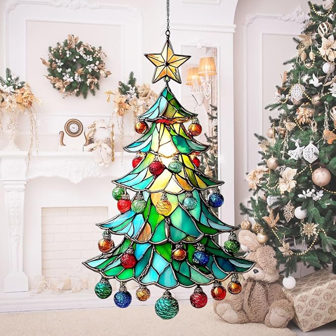 Mosaic Style Christmas Ornaments Tree Acrylic Suncatcher Stained Glass Effect Window Car Hanging Christmas Ornament Indoor Outdoor Decor Garden Sun Catcher Panel for Women Mom Grandma