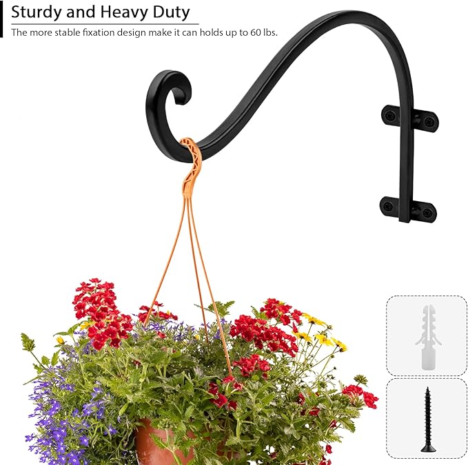6 Pack Heavy Duty 12 Inch Hanging Plant Bracket, Ideal for Indoor and Outdoor Use, Black Plant Hanger Bracket for Plants, Baskets, Bird Feeders, Lanterns, and Wind Chimes