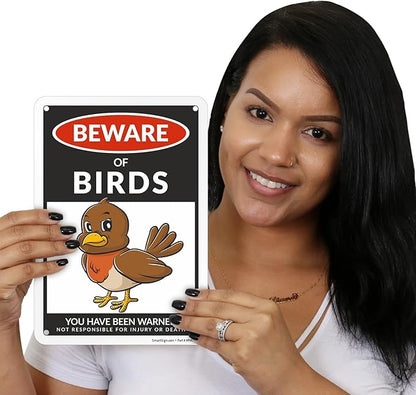 SmartSign Funny Beware Of Birds Warning Sign - 10"x7", 40 mil Laminated Rust-free Aluminum - Metal Signs for Wall Decor, Outdoors, Garden, Patio, Gifts, Cafe - Birds Theme, Made in USA