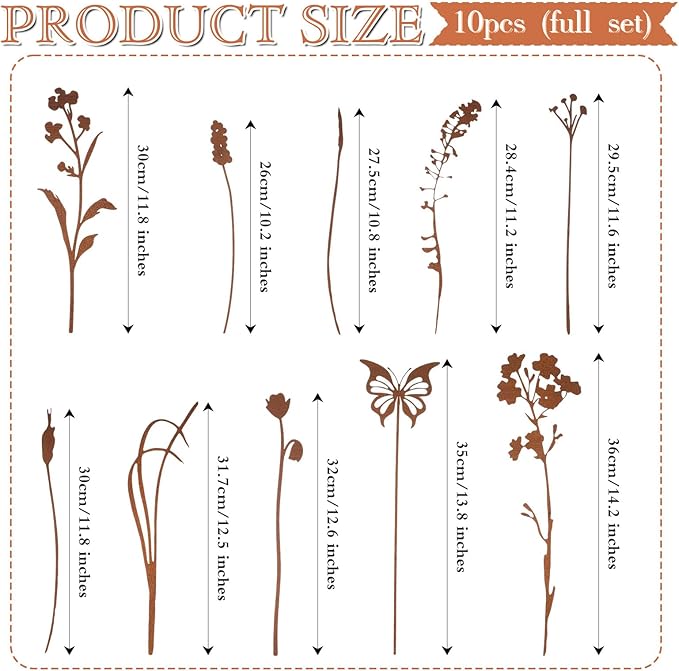 LEIFIDE 10 Pcs Metal Flowers Garden Stakes Rustic Bouquet Decoration for Pot Outdoor Metal Decor with Grass Flowers and Butterfly Iron Floral Plant Stakes for Yard Lawn Patio Porch Walkway