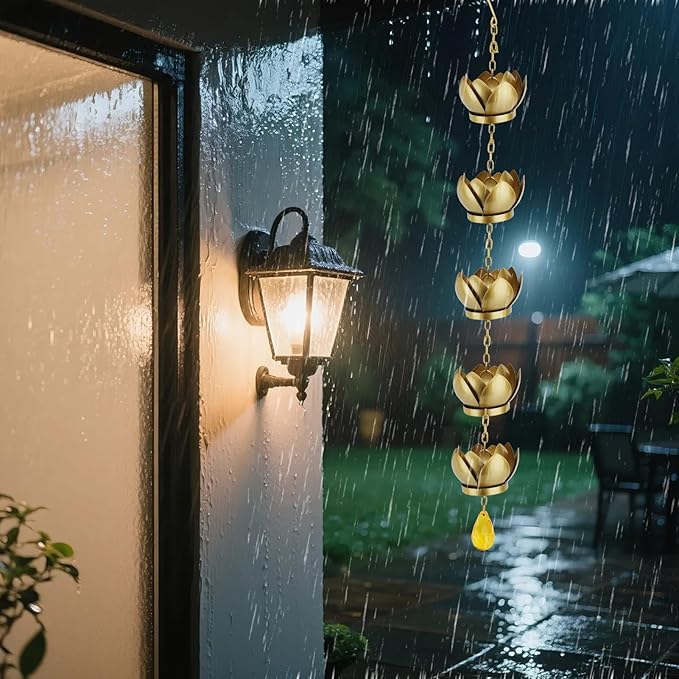 Rain Chain 3.9ft Lotus Cup Wind Chime Galvanized Iron Rain Gutter Chains Rain Catcher for Garden Outdoor Yard Decoration