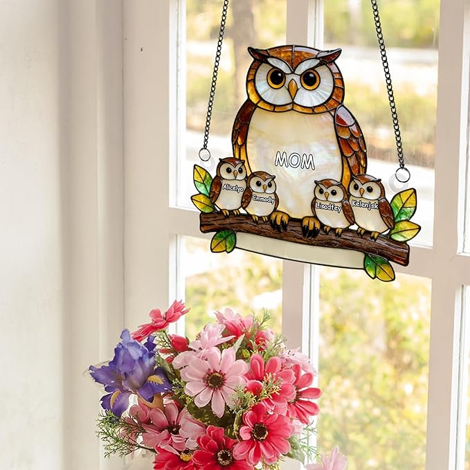 Personalized Grandma's Little Turtles Stained Glass Suncatchers, Custom Name Birth Month Flowers Acrylic Window Hanging Ornament, Mothers Day Christmas Birthday Gifts for Grandma Mom (Style 08)