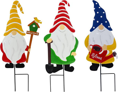 Gnome Garden Decor, Metal Gnomes Decorative Garden Stakes, Garden Decorations for Outside Yard Lawn, Outdoor Porch Patio Metal Gnome Fence Wall Decor(21 inch Set of 3)