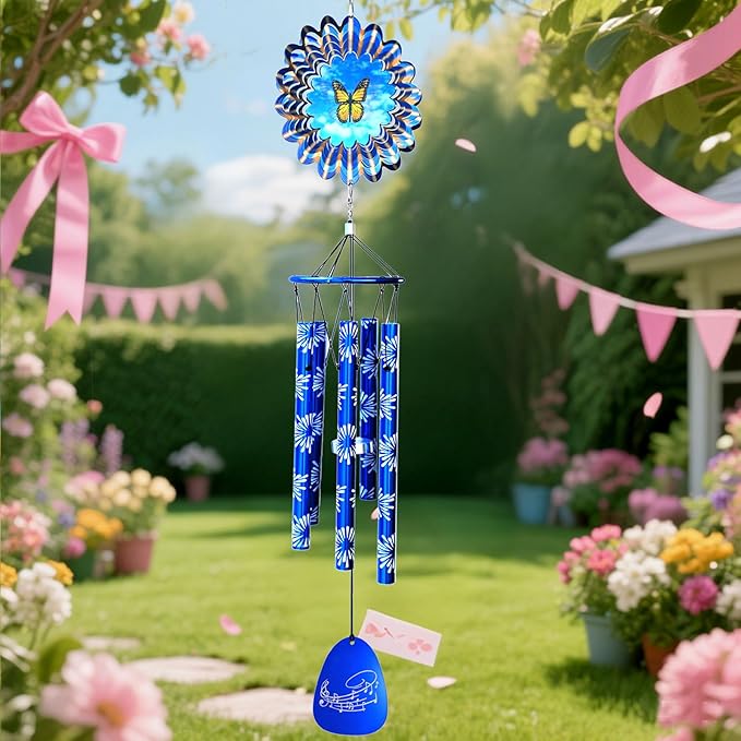 33" Memorial Wind Chimes Outside | Deep Tone Sympathy Windchime with Animated Butterfly Spinner, Rust-Resistant Garden Decoration, Gift for Women/Mom/Wife/Grandma/Housewarming